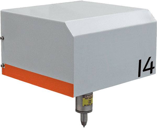 Grey industrial protective housing labeled 14 with an orange stripe, enclosing a dispensing nozzle with a caution label