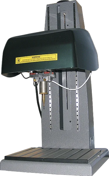 Industrial dot peen marking machine with a vertical column, protective hood, and slotted base plate