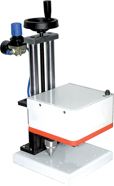 Benchtop dot peen marking machine with a manual height adjustment wheel, pneumatic regulator, and marking head