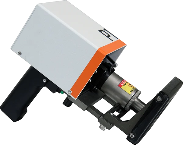 A handheld pneumatic stapler with a white housing, orange stripe, and caution label