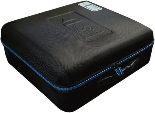 Black protective hardshell carrying case with a blue zipper and a wireless signal logo on top