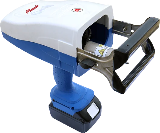 Handheld dot peen marking machine with a blue and white housing and battery pack