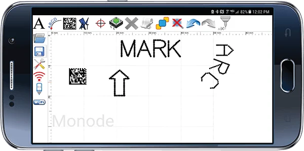 A smartphone screen displaying a Monode dot peen marking software interface with text, a data matrix code, and an arrow on a grid