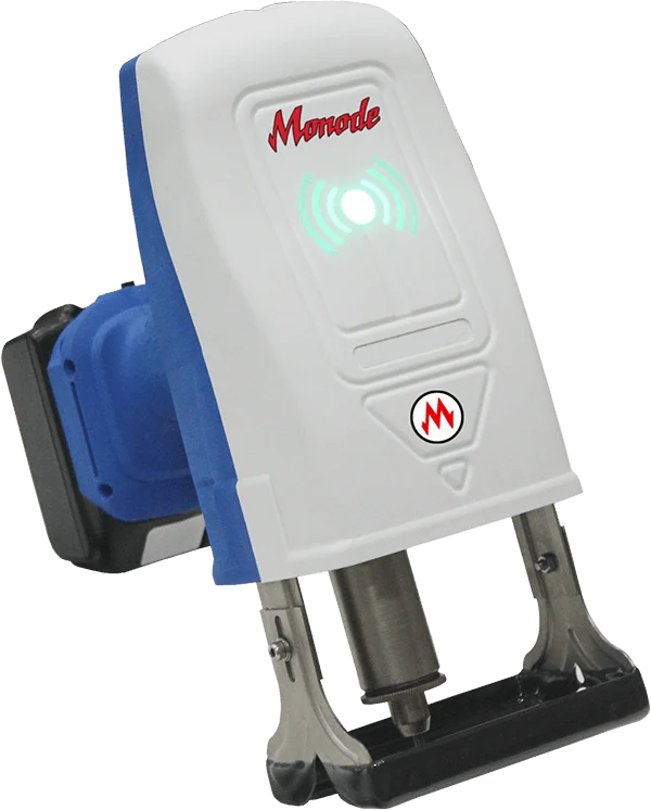 Monode handheld dot peen marking machine with a rechargeable battery and a glowing green status indicator
