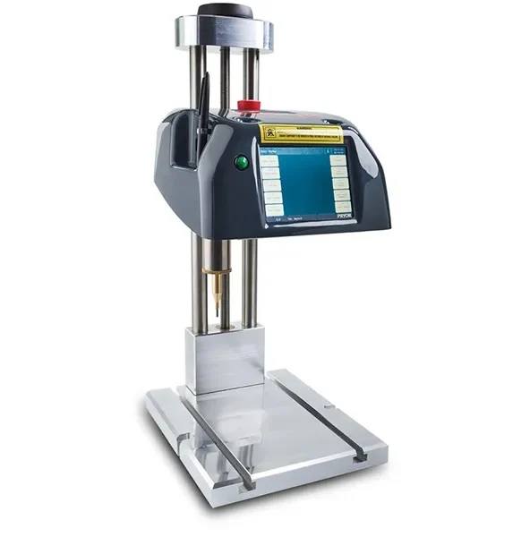 Benchtop dot peen marking machine with an integrated touchscreen control panel and vertical column stand