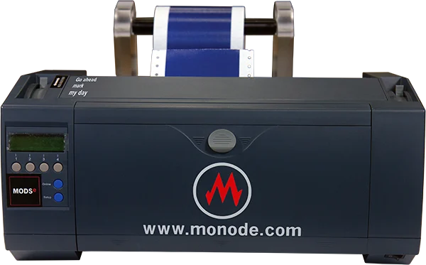 Monode industrial label printer with continuous blue and white tags loaded on top