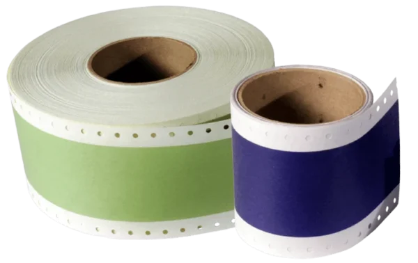Two rolls of continuous feed computer paper with sprocket holes, one green and one blue