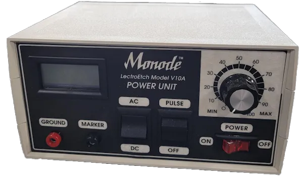 Monode LectroEtch Model V10A power unit with control switches, dial, and digital display