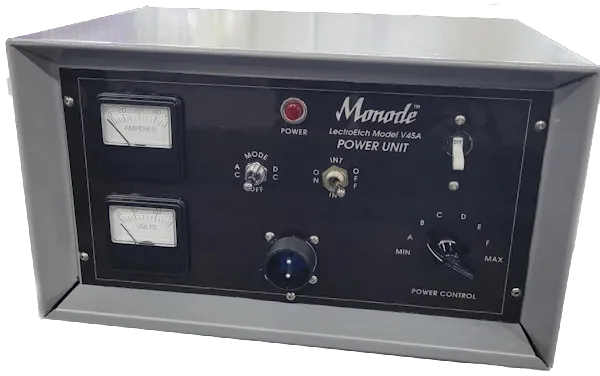 Monode LectroEtch Model V45A Power Unit with analog meters, switches, and power control dial