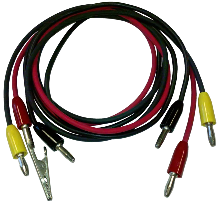 Coiled red, black, and yellow test leads with banana plugs and an alligator clip