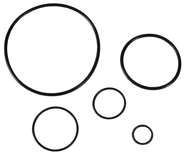 Five black O-rings of varying sizes arranged against a dark background